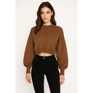 Qinsen Sweater Womens S Brown Balloon Sleeve‎ Oversized Cropped Cozy Ribbed Knit